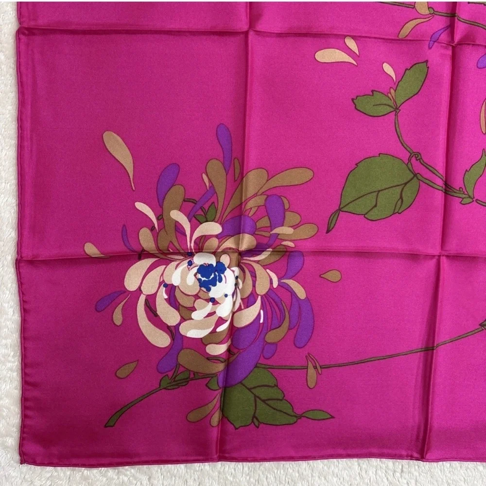 Christian Dior Silk Scarf 30in Fuchsia Pink Floral Botanical Leaves Design